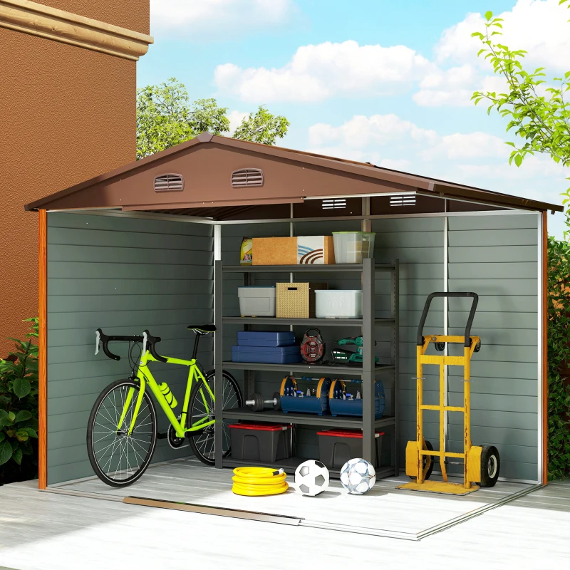 Outsunny Casetta da Giardino Porta Attrezzi in Acciaio con Porte Scorrevoli, 278x195x215cm, Marrone