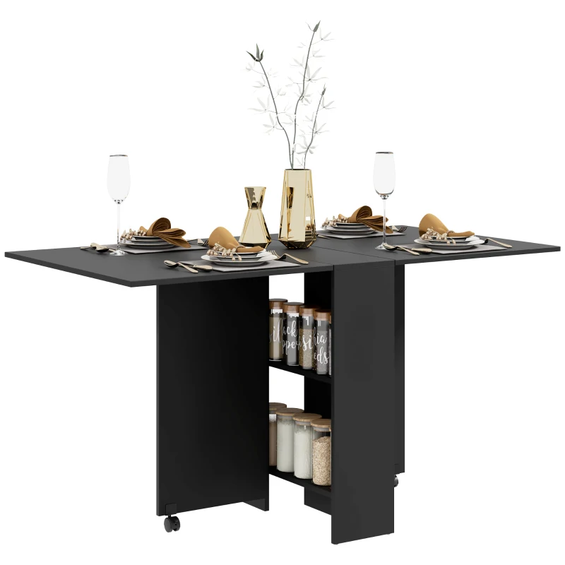 HOMCOM Masa plianta din lemn pentru 4-6 persoane, masa plianta cu roti, 75x140x74cm, negru
