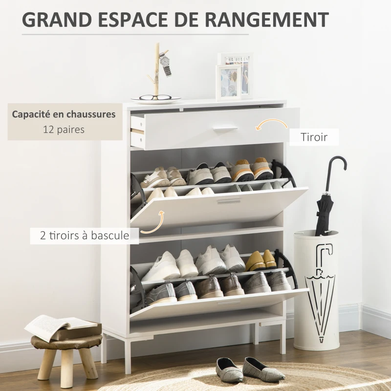 HOMCOM Meuble à chaussures 12 paires, armoire à chaussures étroite 2 tiroirs rabattables et 1 tiroir 75 x 26 x 110 cm, blanc
