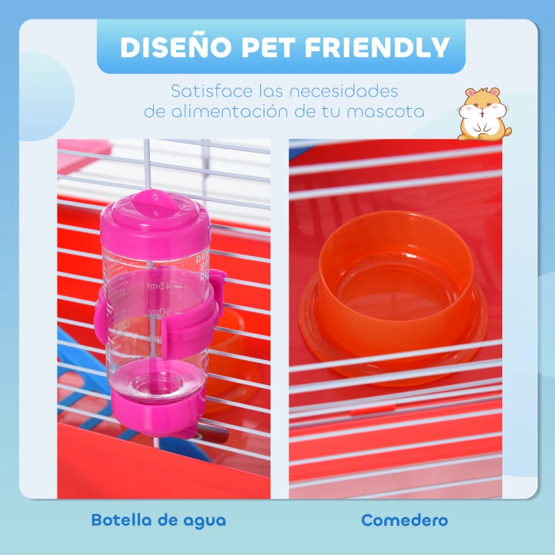 PawHut Jaula para Hámster con Plataforma con Caseta Comedero Bebedero y Rueda de Ejercicio 47x30x27 cm Blanco y Rojo