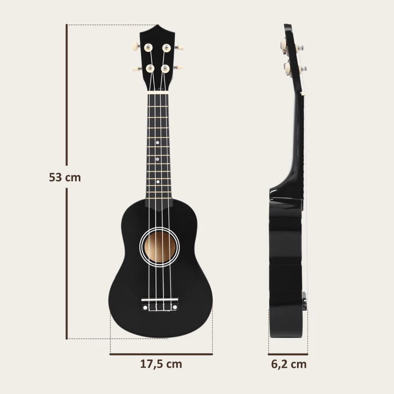 HOMCOM Ukelele Soprano para Principiantes con 4 Cuerdas de Nylon Ajustables Juguete educativo 53x17,5x6,2cm Negro