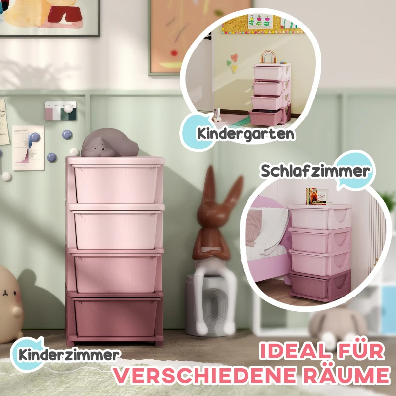 HOMCOM Aufbewahrungsboxen für Kinder, 4 Schubladen, abgerundete Kanten, erhöhtes Design, 37x37x76 cm, Rosa