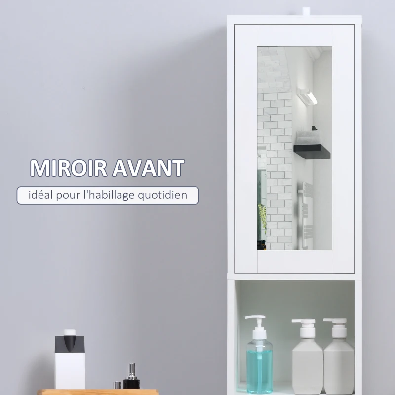 kleankin Armoire salle de bain haute, meuble de rangement colonne avec miroir, 2 portes, étagères réglables, 30x28x170cm, blanc