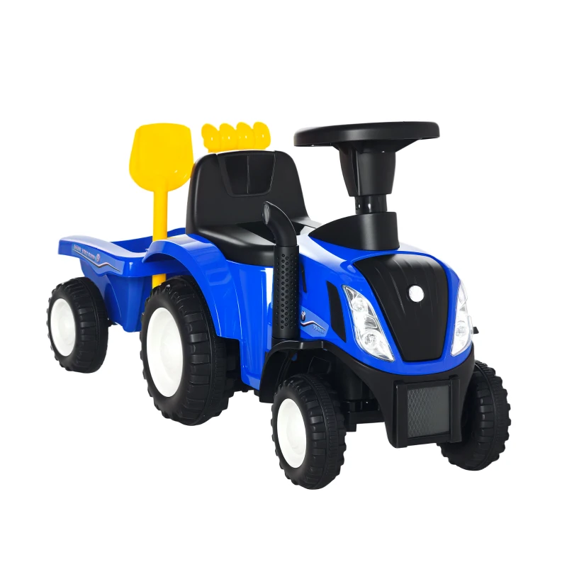 HOMCOM Porteur tracteur enfants avec coffre amovible, râteau et pelle, voiture enfants avec lumière LED et klaxon, bleu