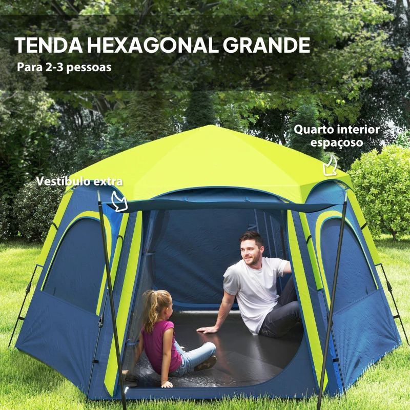 Outsunny Tenda de Campismo para 2-3 Pessoas Dobrável com Fácil Instalação e Bolsa de Transporte 280x240x155 cm Azul e Verde