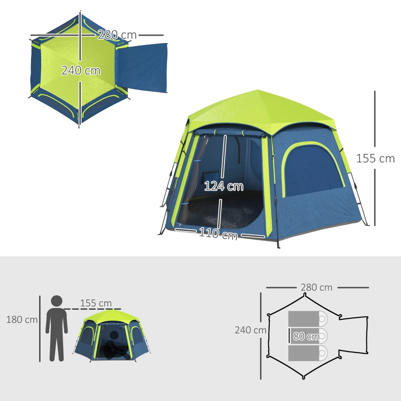 Outsunny Tenda de Campismo para 2-3 Pessoas Dobrável com Fácil Instalação e Bolsa de Transporte 280x240x155 cm Azul e Verde