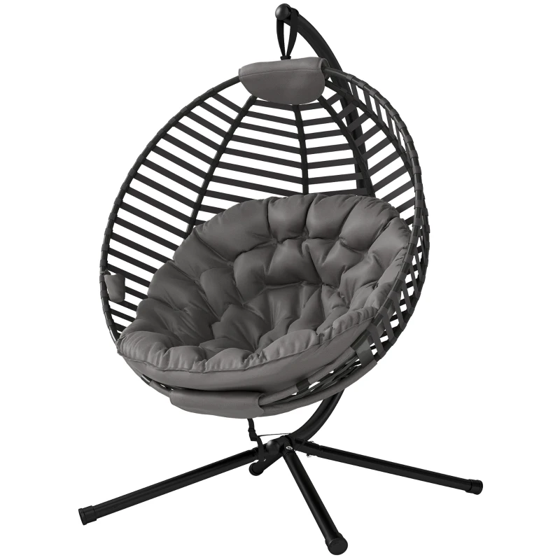 Outsunny Hängesessel mit Gestell, Eiförmiger Hängeschaukel mit weichem Sitzpolstern,faltbar Hängematte für den Außenbereich Schaukelsessel Indoor Outdoor, Terrasse, Garten, Grau