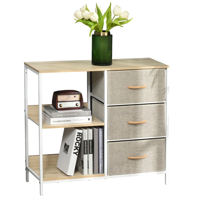 HOMCOM Cajonera de Tela Cómoda de Tela con 3 Cajones Plegables y 2 Estantes Abiertos 80x29x71 cm Natural y Gris Claro
