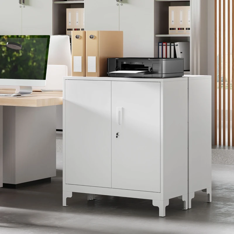 HOMCOM Armadio da ufficio in metallo, porte chiudibili, cassettiera da ufficio, design a 2 livelli, Bianco