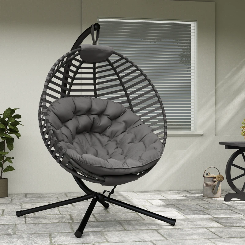 Outsunny Hängesessel mit Gestell, Eiförmiger Hängeschaukel mit weichem Sitzpolstern,faltbar Hängematte für den Außenbereich Schaukelsessel Indoor Outdoor, Terrasse, Garten, Grau