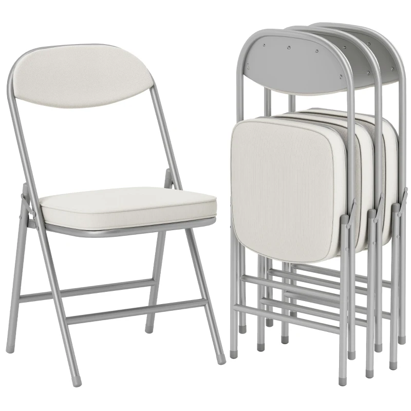 HOMCOM 4er-Set gepolsterte Klappstühle, Faltbare Stühle mit Cordbezug, Rückenlehne, Metallrahmen, Cremeweiß