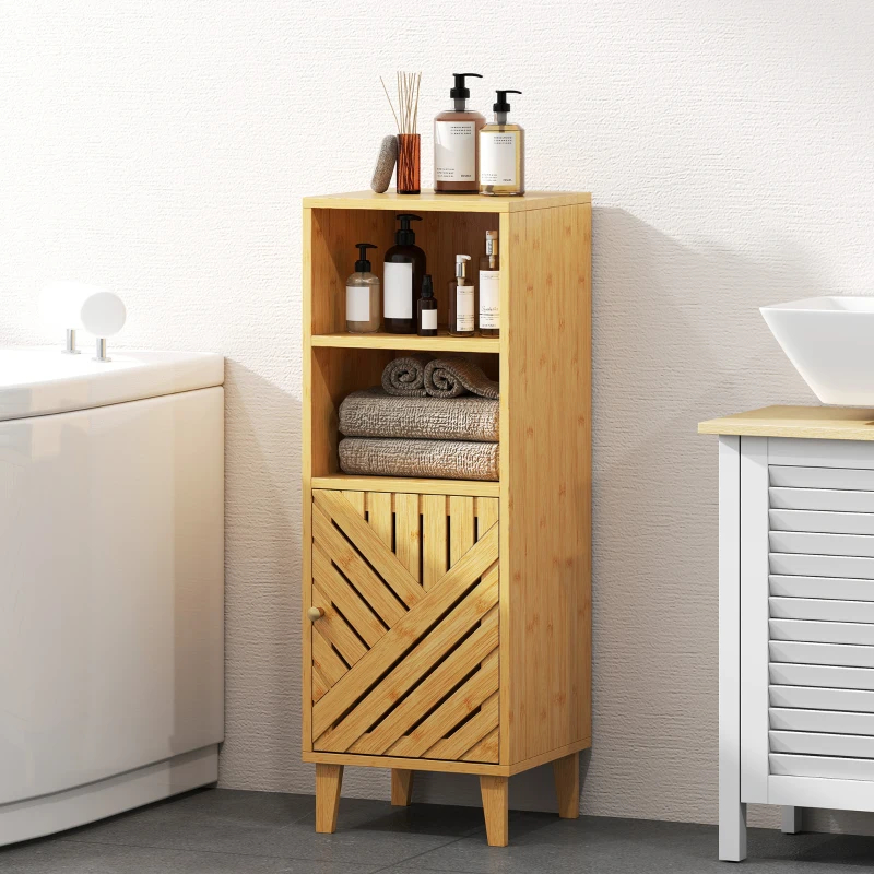 HOMCOM Armadio da Bagno Stretto Mobiletto da Bagno con 2 Ripiani Aperti Porta e Gambe in Bambù 32x30x90 cm Naturale