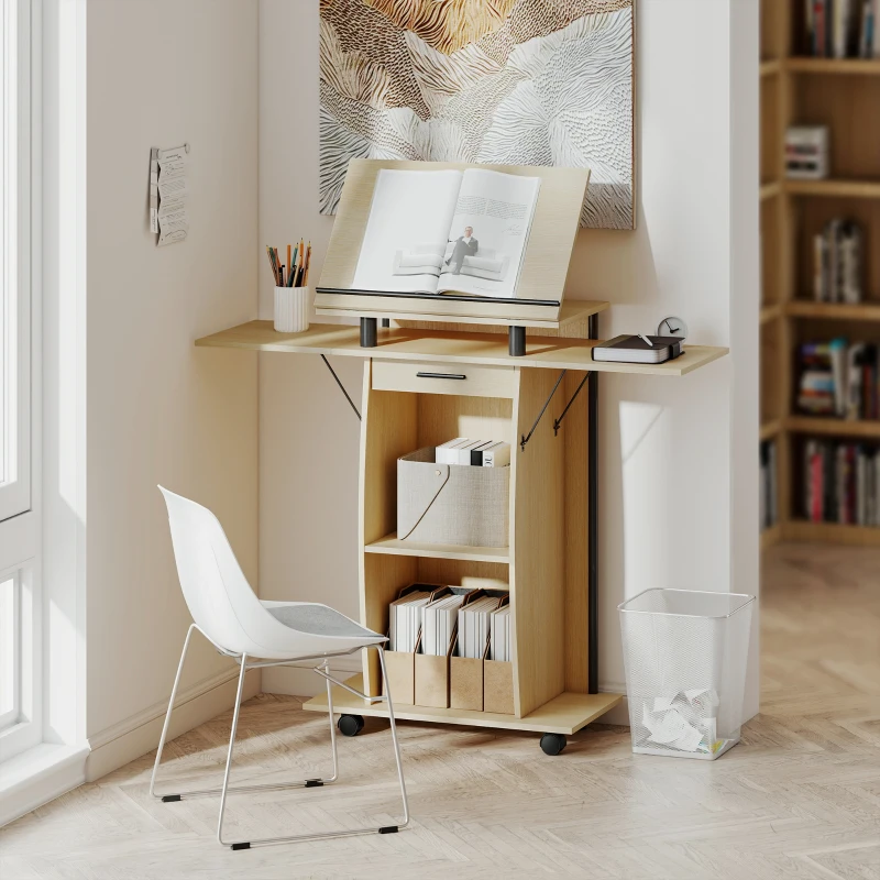 HOMCOM Podio con Ruote, Podio con Pannelli Laterali Pieghevoli, Tavolo per Laptop con Cassetto e Ripiani, Finitura Rovere