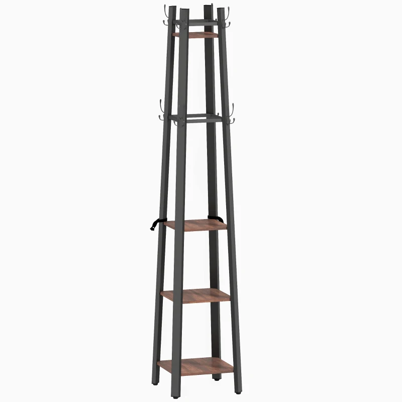 HOMCOM Perchero con 4 Estantes, Perchero Independiente, 8 Ganchos, 4 Estantes, Estilo Industrial, Metal, Tablero de Partículas, Marrón