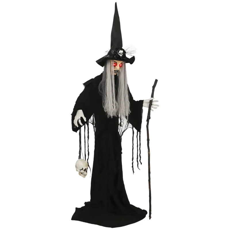 Outsunny 170 cm Life Size Halloween Animated Standing Witch & Staff with Glowing LED Eyes, Spooky Witch Scary Halloween Decorations, Battery Operated, Indoor Party Props