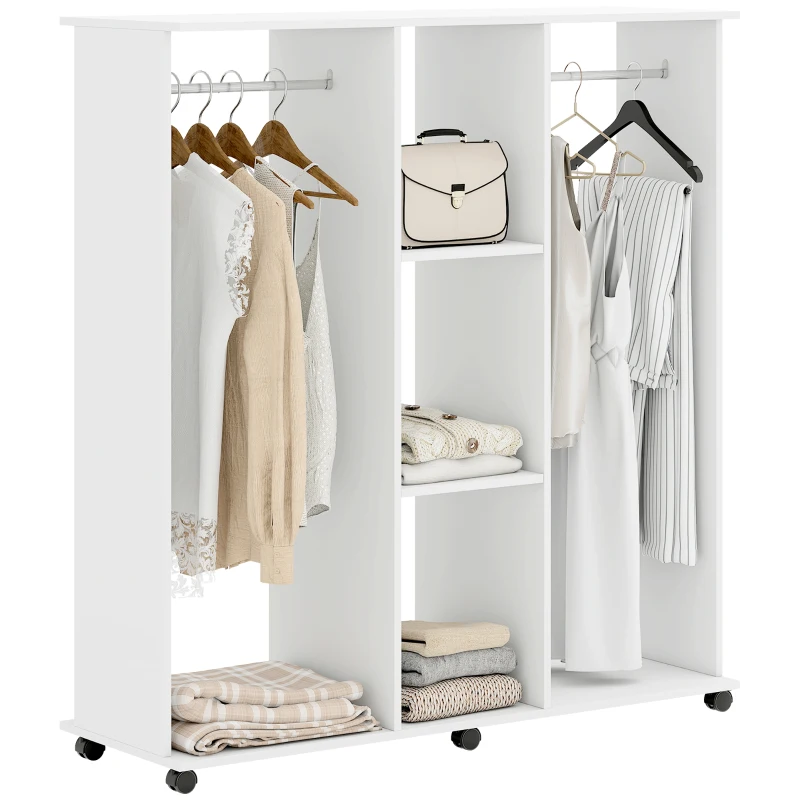 HOMCOM Armadio guardaroba mobile con 6 ruote 120 x 40 x 128 cm in legno bianco