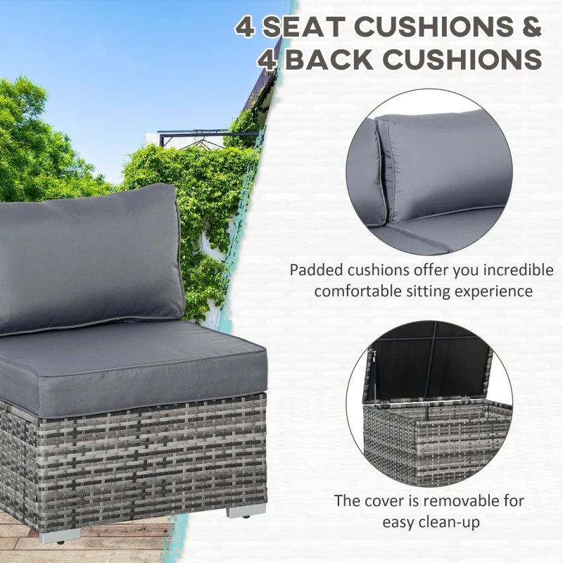 Outsunny 6PC Rattan Corner Sofa Set Wicker 4 Seater Garden Storage Coffee Table Conversation Ottoman Outdoor Weave Furniture w/ Cushion Grey