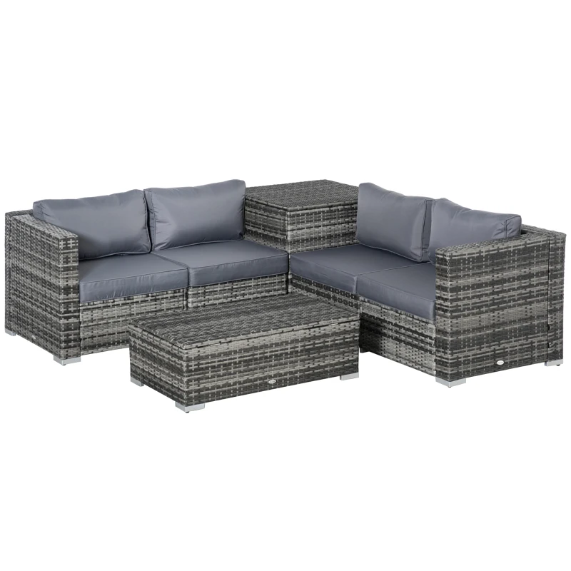 Outsunny 6PC Rattan Corner Sofa Set Wicker 4 Seater Garden Storage Coffee Table Conversation Ottoman Outdoor Weave Furniture w/ Cushion Grey