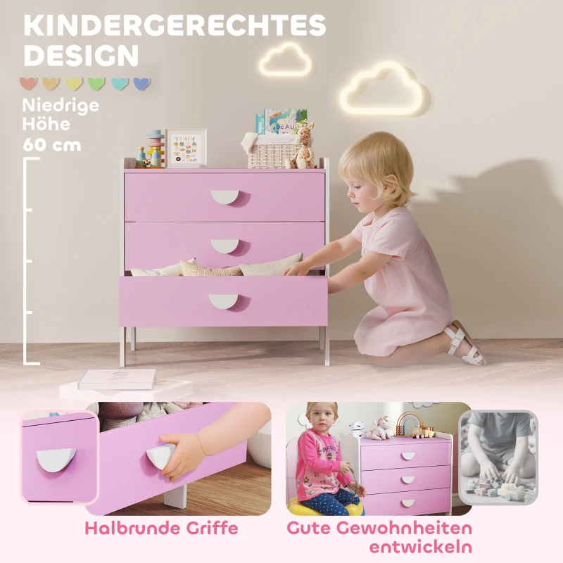AIYAPLAY Kinder-Kommode mit 3 Schubladen, MDF, Aufbewahrungsschrank für Kinder, Rosa+Weiß