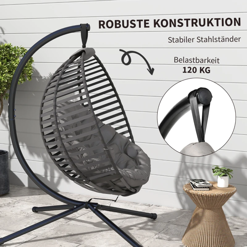 Outsunny Hängesessel mit Gestell, Eiförmiger Hängeschaukel mit weichem Sitzpolstern,faltbar Hängematte für den Außenbereich Schaukelsessel Indoor Outdoor, Terrasse, Garten, Grau