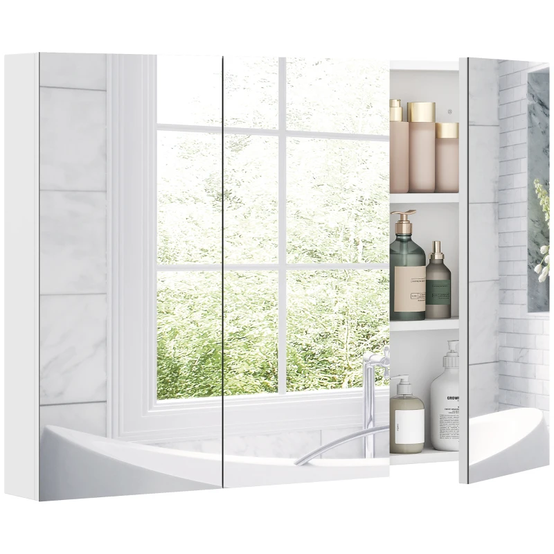 HOMCOM Armadio da Bagno con Specchio Armadio a Parete con 3 Porte Ripiani Regolabili 91,5x11,5x65 cm Bianco