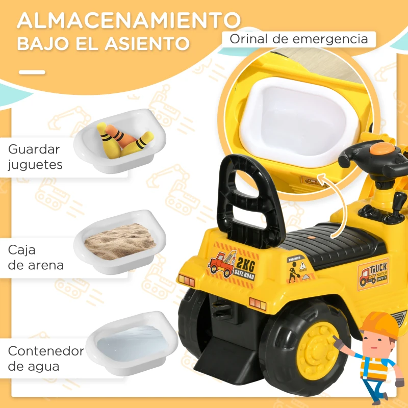 HOMCOM Excavadora para Niños de 18 a 48 Meses con Pala Delantera Bocina Volante y Compartimento Oculto 80x26,5x39 cm Amarillo