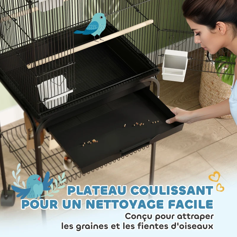 PawHut Cage à oiseaux sur pied, volière sur roulettes avec balançoire, support, design maison, 50,5 x 41 x 163 cm en acier noir