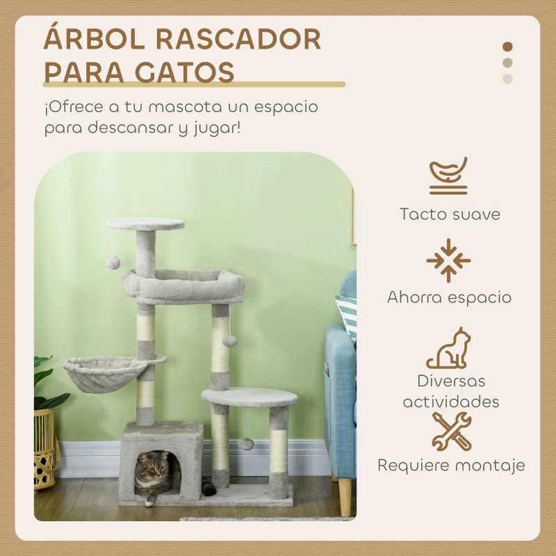 PawHut Rascador para Gatos Altura 104 cm Árbol para Gatos con Postes de Sisal Cueva Plataformas y Bolas Colgantes Gris Claro