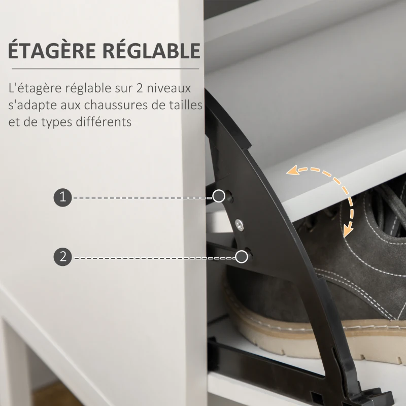 HOMCOM Meuble à chaussures 12 paires, armoire à chaussures étroite 2 tiroirs rabattables et 1 tiroir 75 x 26 x 110 cm, blanc