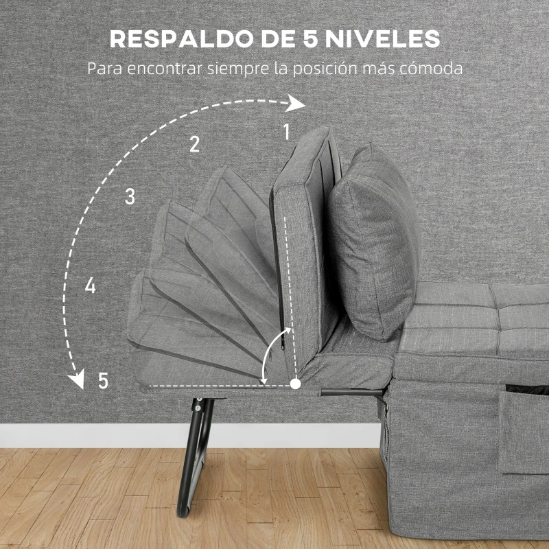 HOMCOM Sillón Cama Tapizado en Lino con Respaldo Ajustable de 5 Niveles Almohada Acolchada 75x80x74 cm Gris