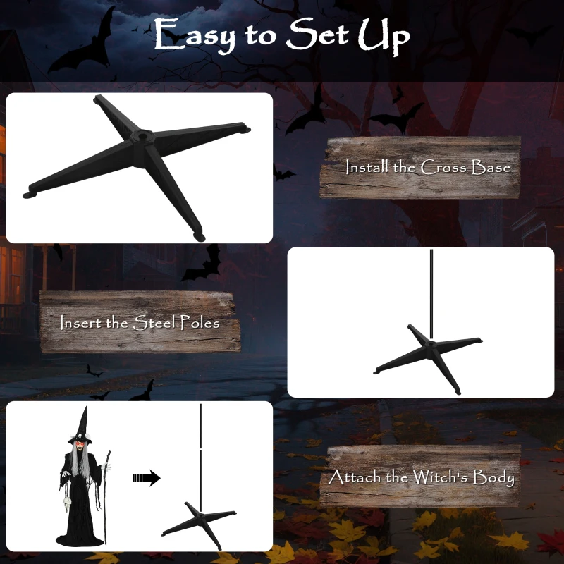 Outsunny 170 cm Life Size Halloween Animated Standing Witch & Staff with Glowing LED Eyes, Spooky Witch Scary Halloween Decorations, Battery Operated, Indoor Party Props