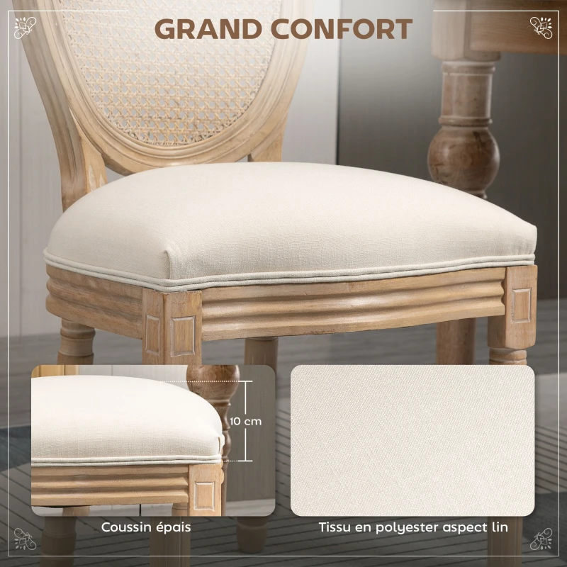 HOMCOM Lot de 2 chaises de Salle à Manger - Chaise de Salon médaillon Style Louis XVI - Bois Massif sculpté, patiné - Dossier cannage - Aspect Lin Crème