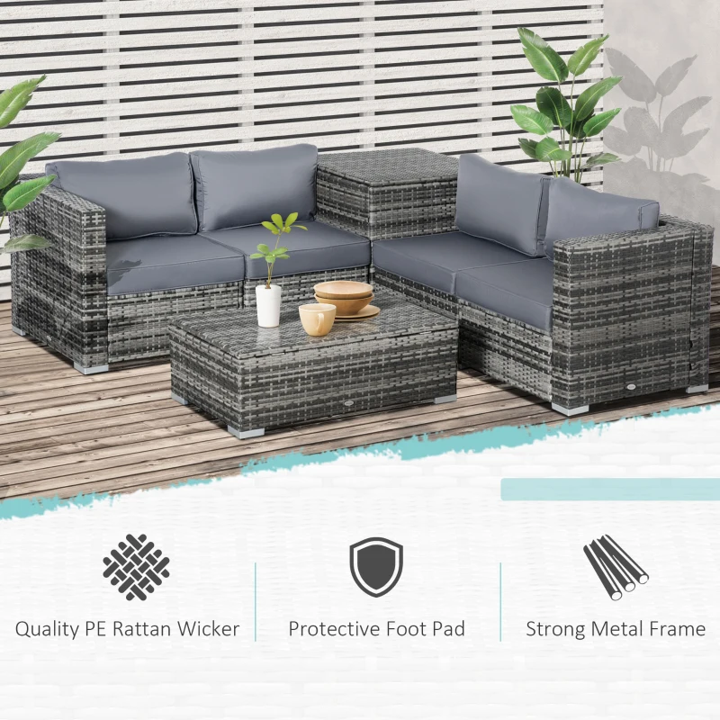 Outsunny 6PC Rattan Corner Sofa Set Wicker 4 Seater Garden Storage Coffee Table Conversation Ottoman Outdoor Weave Furniture w/ Cushion Grey
