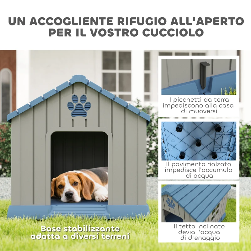 PawHut Casetta per Cani Taglia Media da Esterno Impermeabile con Base Rialzata e Finestre, 85x79x82 cm, Grigio