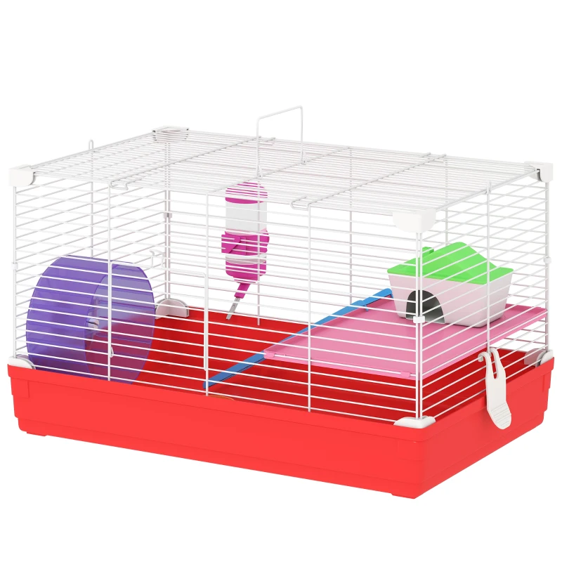 PawHut Jaula para Hámster con Plataforma con Caseta Comedero Bebedero y Rueda de Ejercicio 47x30x27 cm Blanco y Rojo