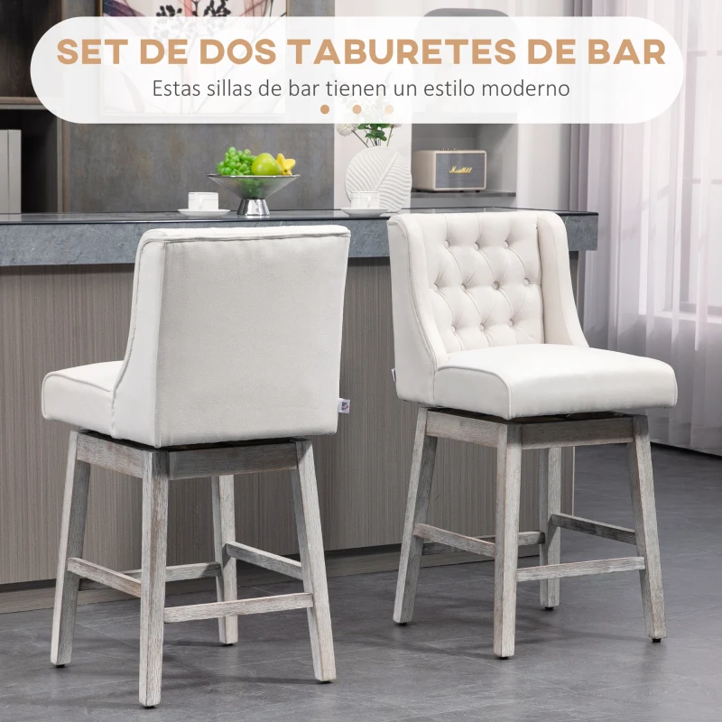 HOMCOM Juego de 2 Taburetes de Bar con Respaldo Taburetes Altos de Cocina Giratorios 180° Patas de Madera 46x57x101 cm Beige