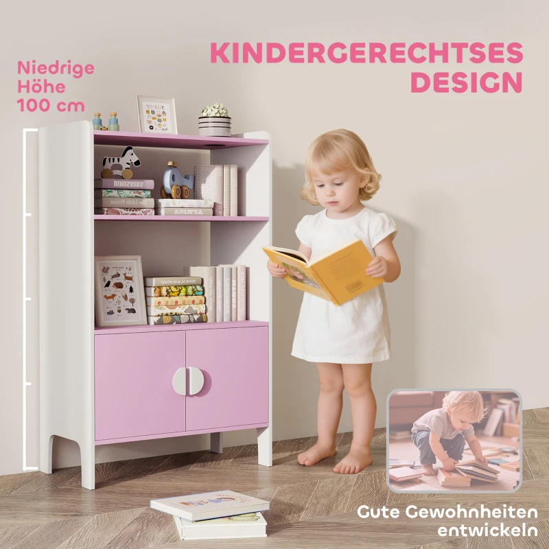 AIYAPLAY Bücherregal für Kinder, 2 Regale, 2 Schränke, freistehend, Anti-Kipp-Design, rutschfeste Füße, MDF, Rosa+Weiß