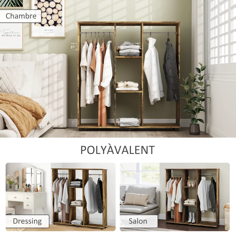 HOMCOM Armoire penderie meuble de rangement mobile 6 roulettes 120 x 40 x 128 cm en bois marron