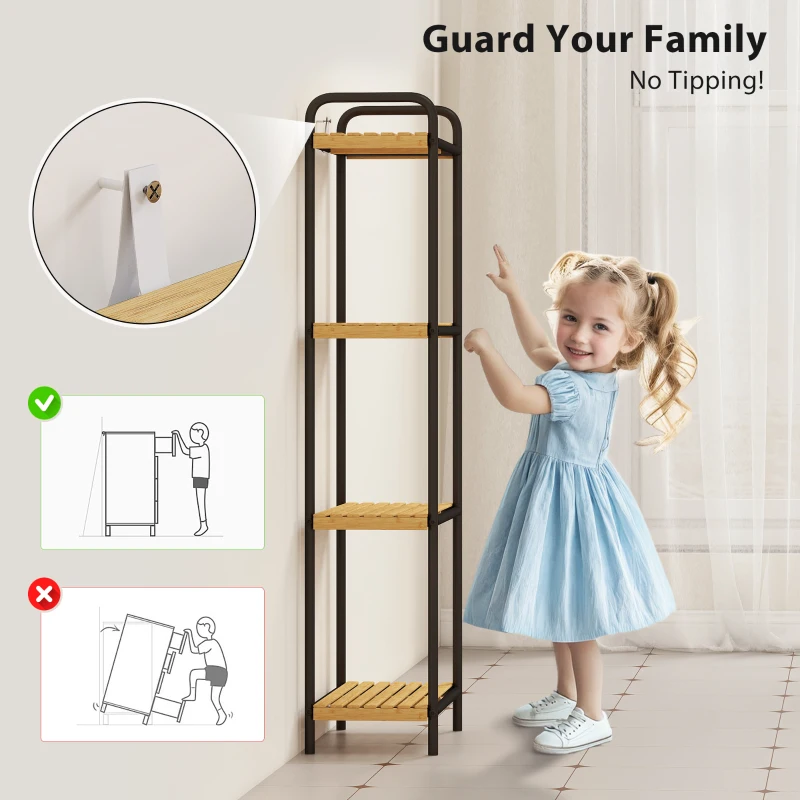 HOMCOM 4-Tier Bamboo Bathroom Storage Shelf, Freestanding Narrow Shelving Unit with Slatted Shelves for Kitchen Bathroom Living Room, 41.5 x 21.5 x 106 cm, Natural and Black