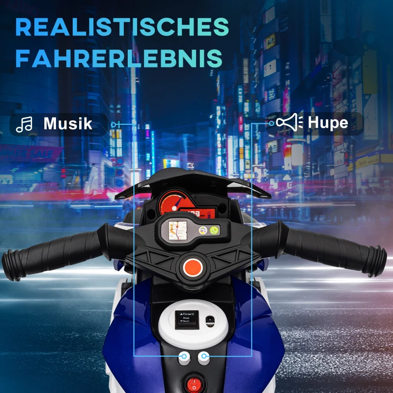 HOMCOM Elektro-Kindermotorrad, Lichter & Geräusche, 3 km/h, wiederaufladbar, Kunststoff & Metall, Blau/Weiß(m-4)