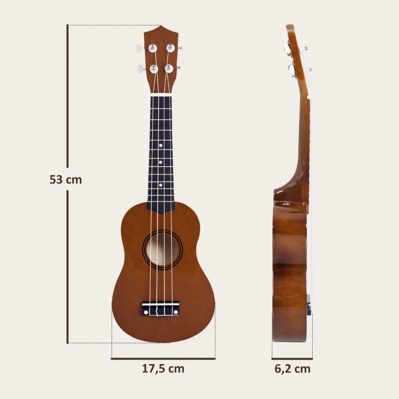 HOMCOM Ukelele Soprano para Principiantes con 4 Cuerdas de Nylon Ajustables Juguete educativo 53x17,5x6,2cm Marrón
