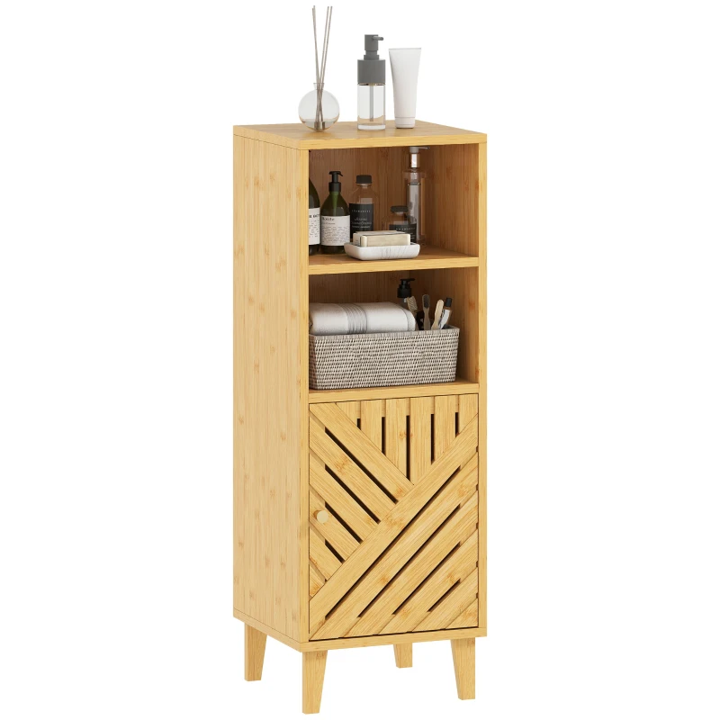 HOMCOM Armadio da Bagno Stretto Mobiletto da Bagno con 2 Ripiani Aperti Porta e Gambe in Bambù 32x30x90 cm Naturale