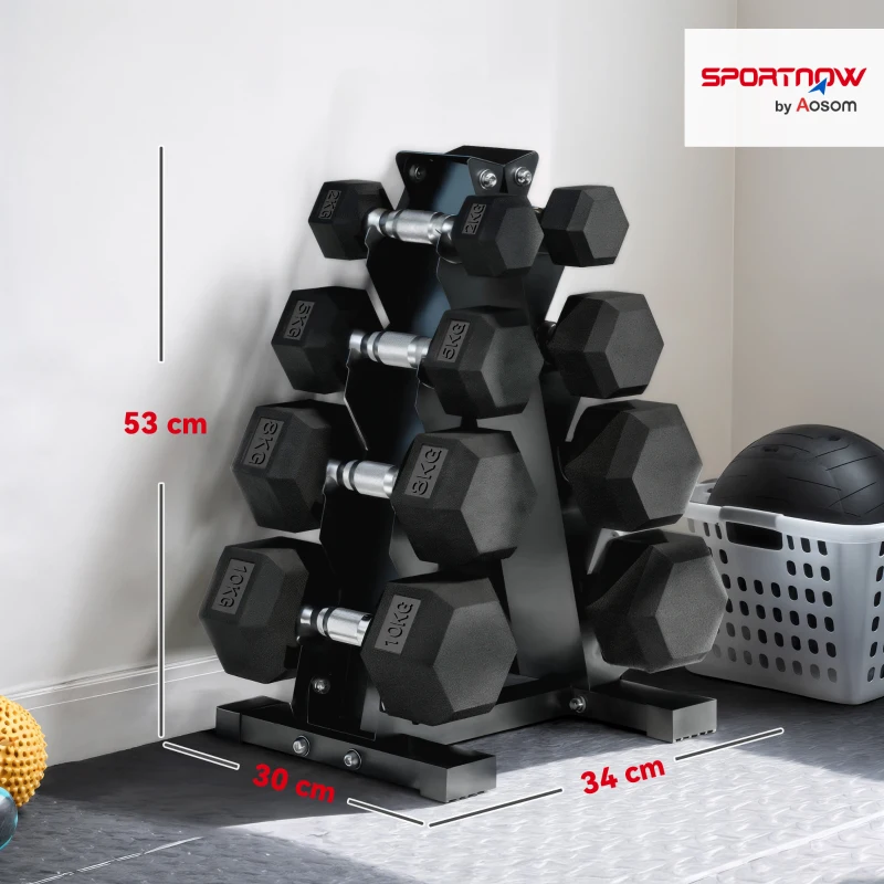 SPORTNOW Set Manubri da Palestra Esagonali con Supporto e Impugnatura Antiscivolo, 2x2kg, 2x5kg, 2x8kg, 2x10kg, Nero