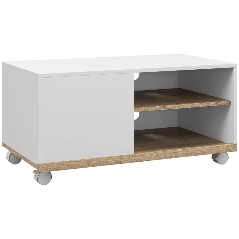 HOMCOM Mueble TV con Ruedas Mueble de Salón Mesa para Televisores de 42" con Puerta y 2 Estantes 80x45x39,5 cm Blanco