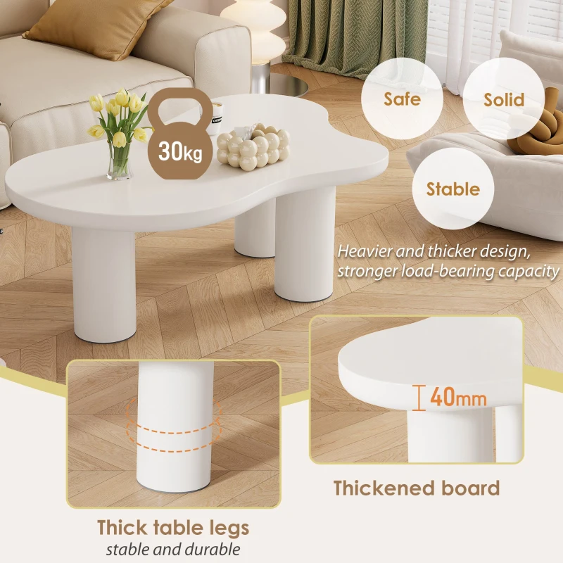 Cloud-Shaped Coffee Table with Cloud-Shaped Design, Modern Living Room Table with MDF Top and PVC Legs, 107L x 66W x 40.5H cm, White