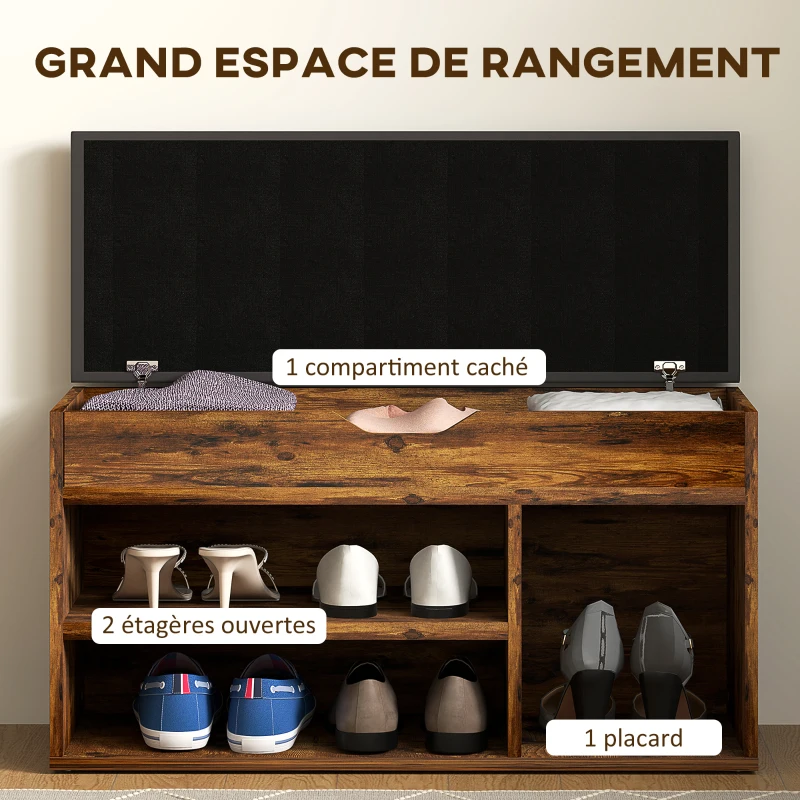 HOMCOM Meuble Chaussures Banc à Chaussures 2 Niveaux Rangement, Niche + Coffre intégré avec Coussin Effet bois d'acajou