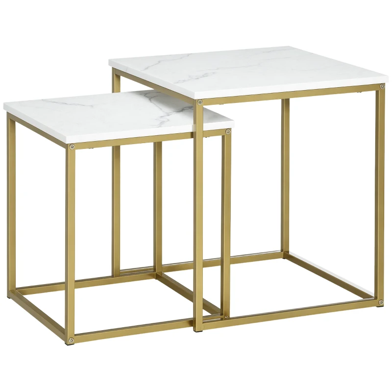 HOMCOM 2er-Set Beistelltische, stapelbare Beistelltische, Tischplatte in Marmoroptik, Gold + Weiß