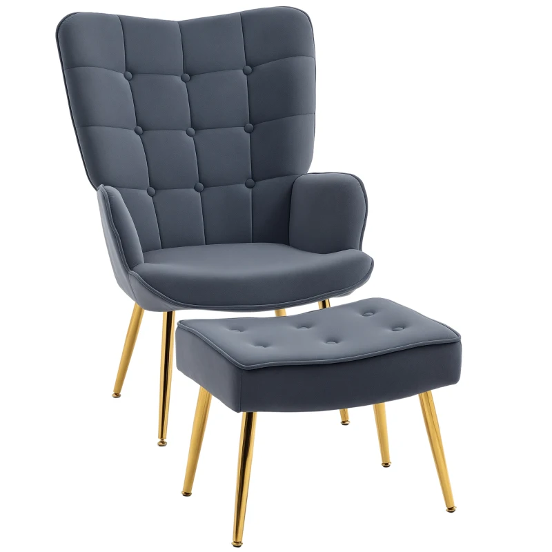 HOMCOM Modern Armchair with Footstool, Upholstered Accent Chair with Ottoman, Steel Legs, Velvet Wingback Chair for Living Room, Bedroom, Home Study, Dark Grey(m-10)