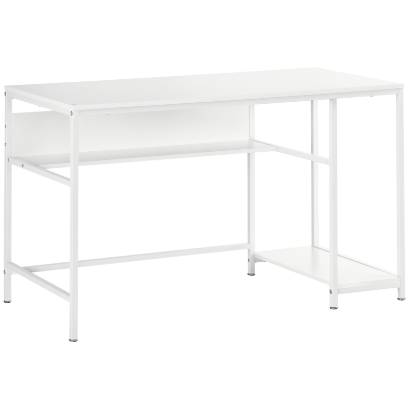 HOMCOM Computer Desk with Storage, 120 x 60cm Home Office Desk with 2 Shelves and Steel Frame, Writing Table for Living Room, Study, White