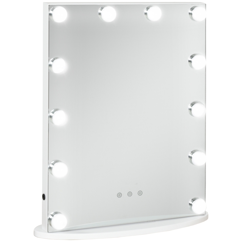 HOMCOM Espejo de Maquillaje Estilo Hollywood Espejo de Tocador Táctil con 12 Luces LED Ajustables 41,5x13,5x51 cm Blanco